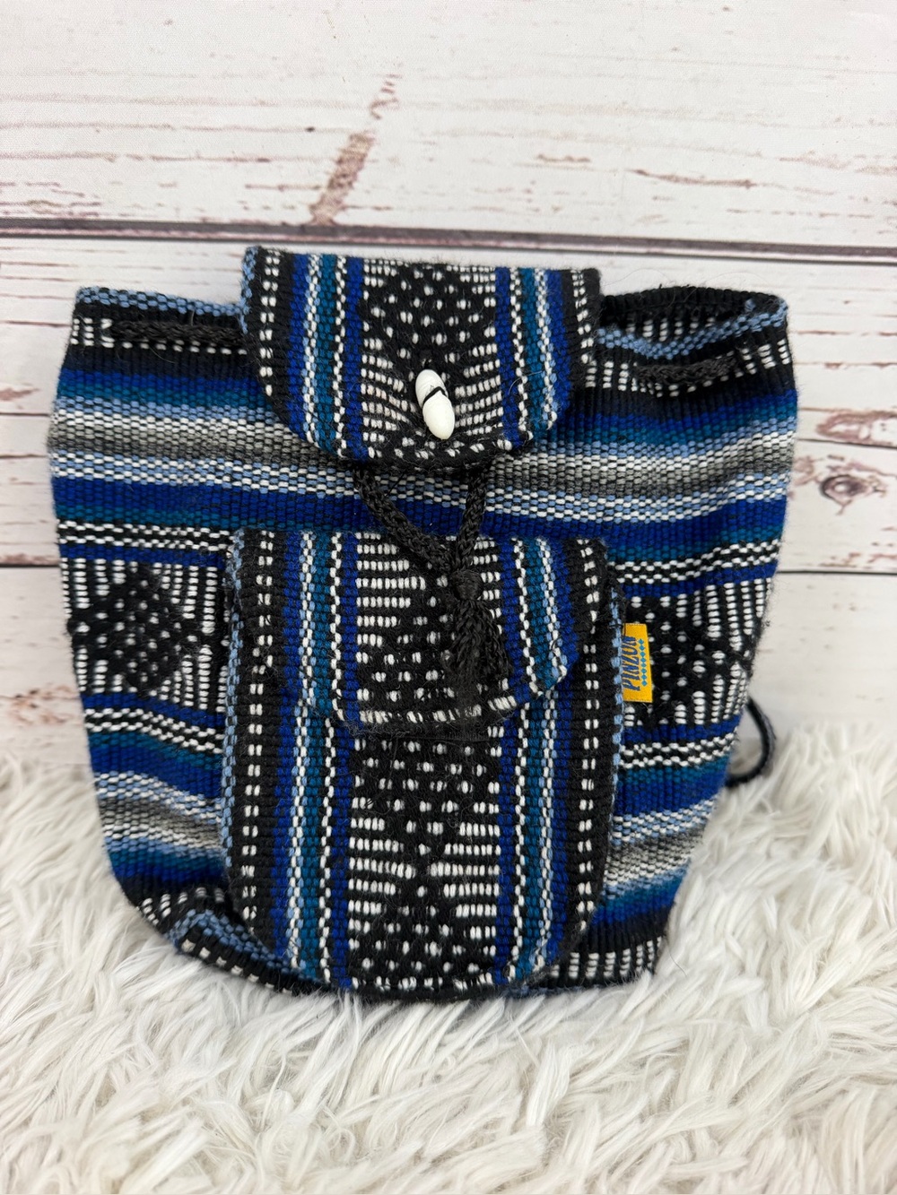 Artesanias Mr. Pinzon Black and Blue Boho Woven Mini Backpack